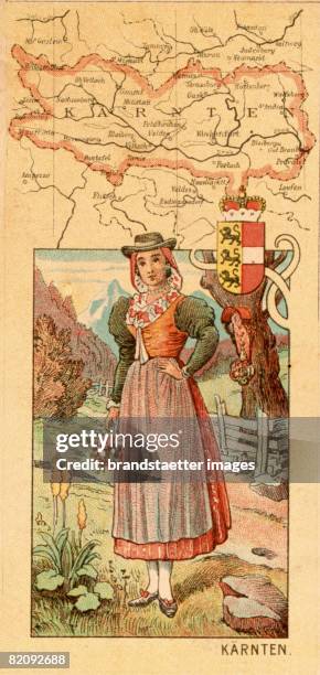 Carinthia: map, emblem and national costume, Colour-lithograph, Austria, Around 1900 [K?rnten: Landkarte, Wappen und Landestracht, Farblithographie,...