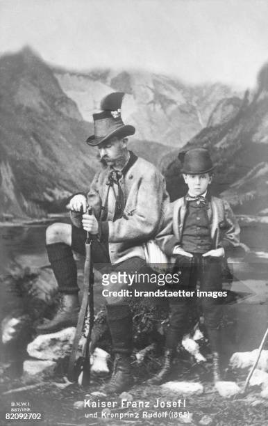 Emperor Franz Joseph I in hunting costume with leather short next to Crown Prince Rudolf with long leather trousers, Austria, Photograph, 1865...