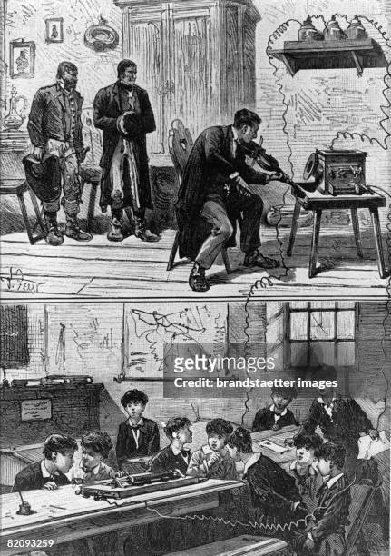 Philip Reis, the inventor of the Telefone experimenting, He is playing the violine into a mikrophone so that the pupils can hear it in another room,...