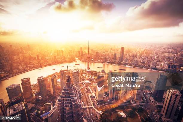 panoramic skyline of shanghai - shanghai stock pictures, royalty-free photos & images
