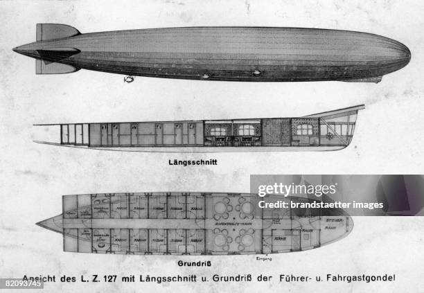 The view of the longitudinal section and the ground plan o of the airship LZ 127 "Graf Zeppelin", Drawing, 1928 [Ansicht des Luftschiffes LZ 127...