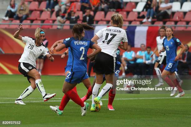 Lisa Makas of Austria scores their first goal during the UEFA Women's Euro 2017 Group C match between France and Austria at Stadion Galgenwaard on...