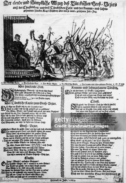 Flyer with illustrations of the pullout of the Turkish troops after the defeat, Cooper engraving, 1684 [Flugblatt mit Illustration des Abzuges der...