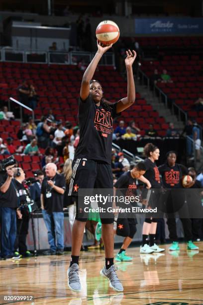 Jonquel Jones of the Eastern Conference All-Stars warms up before the game against the Western Conference All-Stars during the Verizon WNBA All-Star...