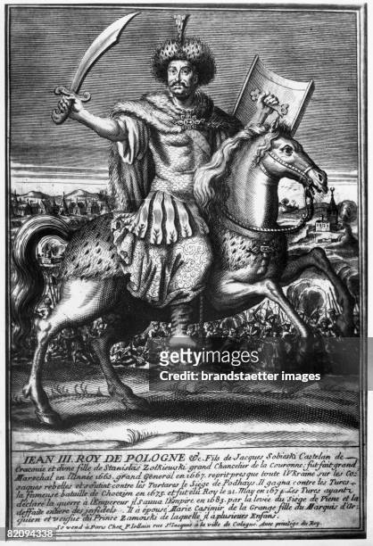 Portrait of John III Sobieski on horseback, Copper engraving, 17th century [Portrait des polnischen K?nig Johann III, Sobieski auf einem Pferd,...