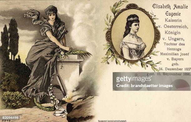 Memorial-postcard of the Empress Elisabeth of Austria, Number 2924, Chromolithograph of a locket of the empress and dolorous woman at a coffin, Print...