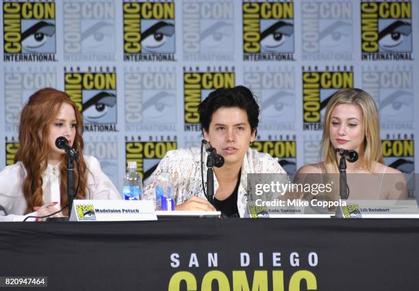 Actors Madelaine Petsch, Cole Sprouse and Lili Reinhart speak onstage at "Riverdale" special video presentation and Q+A during Comic-Con...