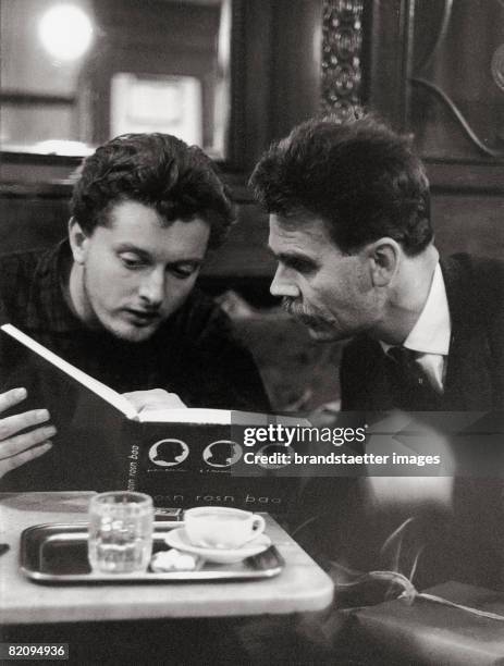 Director Peter Kubelka and lyric poet H, C, Artmann in Cafe Hawelka, Vienna, Photograph, 1959 [Der Filmemacher Peter Kubelka und der Lyriker H, C,...