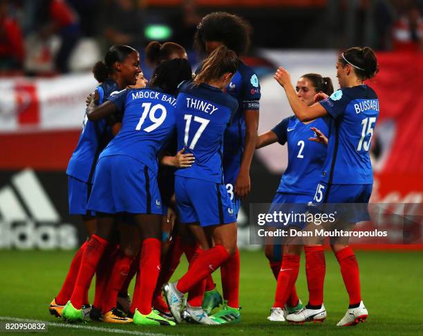 Amandine Henry of France celebrates scoring her teams first goal of the game with team mates during the Group C match between France and Austria...