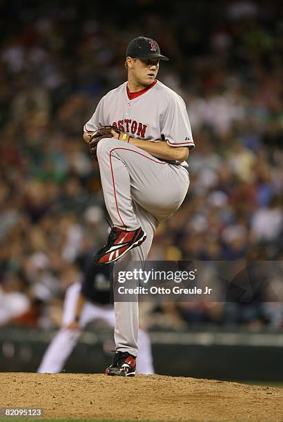 Jonathan Papelbon of the Boston Red Sox pitches during their MLB game against the Seattle Mariners on July 21, 2008 at Safeco Field in Seattle,...