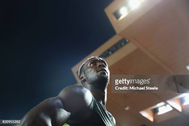 Usain Bolt of Jamaica on his lap of honour after victory in the men's 100m during the IAAF Diamond League Meeting Herculis on July 21, 2017 in...