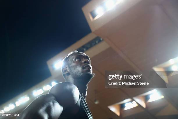 Usain Bolt of Jamaica on his lap of honour after victory in the men's 100m during the IAAF Diamond League Meeting Herculis on July 21, 2017 in...