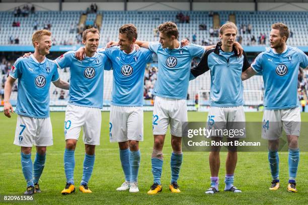 Anders Christiansen and Magnus Wolf Eikrem and Markus Rosenberg and Mattias Svanberg and Pavel Cibicki Lasse Nielsen of Malmo FF celebrates after the...