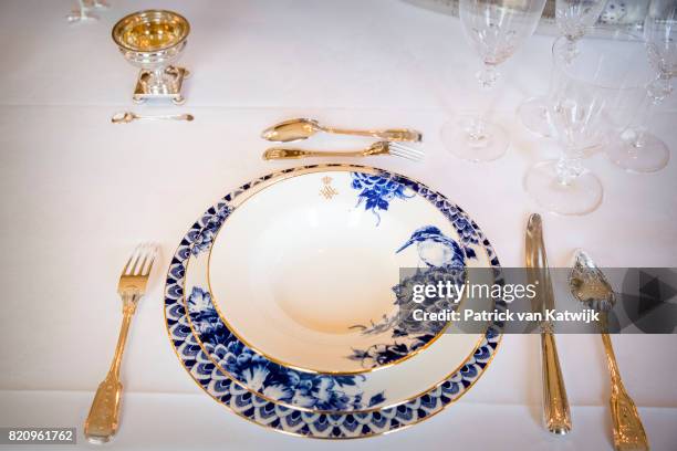 New dishes of King Willem-Alexander and Queen Maxima of The Netherlands made of Delfts Blue work by De Porceleyne Fles in Palace Noordeinde on July...