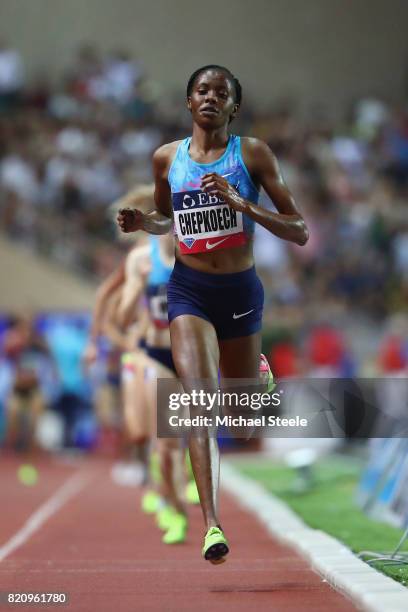 Beatrice Chepkoech of Kenya on her way to victory in the women's 3000m race during the IAAF Diamond League Meeting Herculis on July 21, 2017 in...