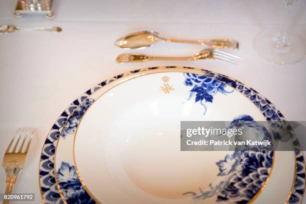 New dishes of King Willem-Alexander and Queen Maxima of The Netherlands made of Delfts Blue work by De Porceleyne Fles in Palace Noordeinde on July...