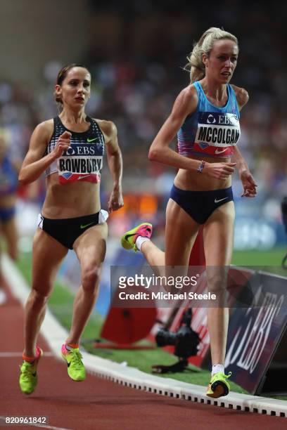 Eilish McColgan of Great Britain tracked by Shannon Rowbury of USA in the women's 3000m race during the IAAF Diamond League Meeting Herculis on July...