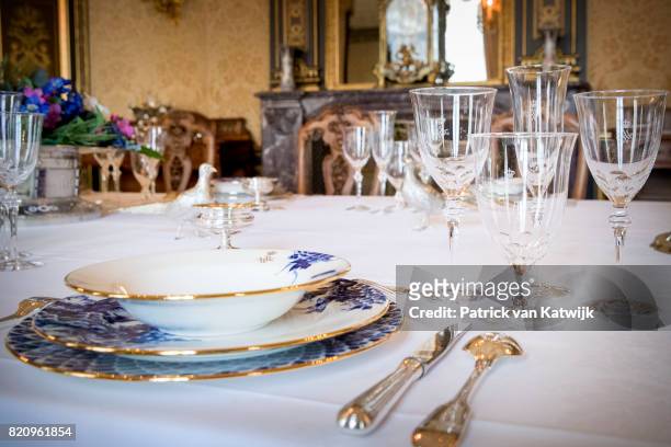 New dishes of King Willem-Alexander and Queen Maxima of The Netherlands made of Delfts Blue work by De Porceleyne Fles in Palace Noordeinde on July...