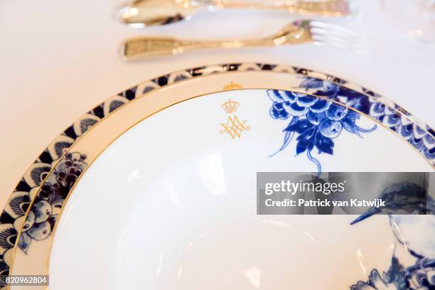 New dishes of King Willem-Alexander and Queen Maxima of The Netherlands made of Delfts Blue work by De Porceleyne Fles in Palace Noordeinde on July...