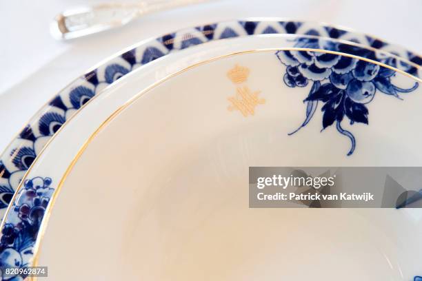 New dishes of King Willem-Alexander and Queen Maxima of The Netherlands made of Delfts Blue work by De Porceleyne Fles in Palace Noordeinde on July...