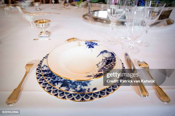 New dishes of King Willem-Alexander and Queen Maxima of The Netherlands made of Delfts Blue work by De Porceleyne Fles in Palace Noordeinde on July...