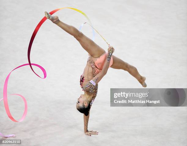 Kaho Minagawa of Japan competes during the Rhythmic Gymnastics Women's Individual Ribbon Qualification of The World Games at Centennial Hall on July...