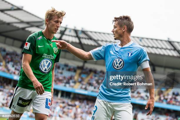 Jesper Svensson of Jonkopings Sodra and Markus Rosenberg of Malmo FF during the Allsvenskan match between Malmo FF and Jonkopings Sodra IF at...