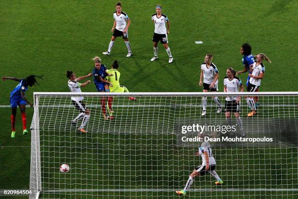 Amandine Henry of France headers and scores her teams first goal of the game past Goalkeeper, Manuela Zinsberger of Austria during the Group C match...