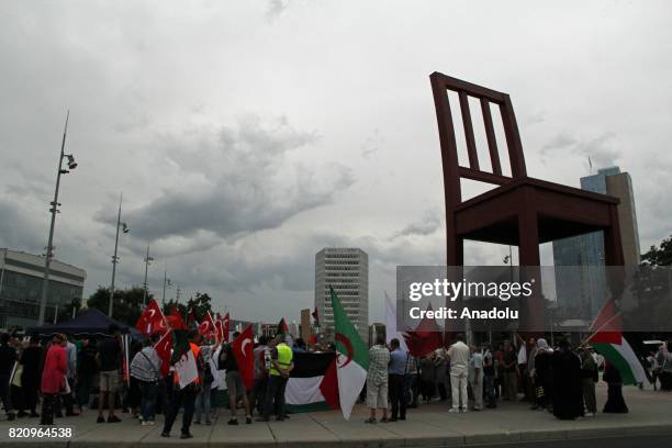 Hundreds demonstrate in a protest against Israel's violations on Al-Aqsa Compound and violence over Palestinians at Broken Chair Sculpture in front...