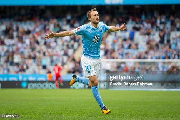 Magnus Wolf Eikrem of Malmo FF celebrates after scoring during the Allsvenskan match between Malmo FF and Jonkopings Sodra IF at Swedbank Stadion on...