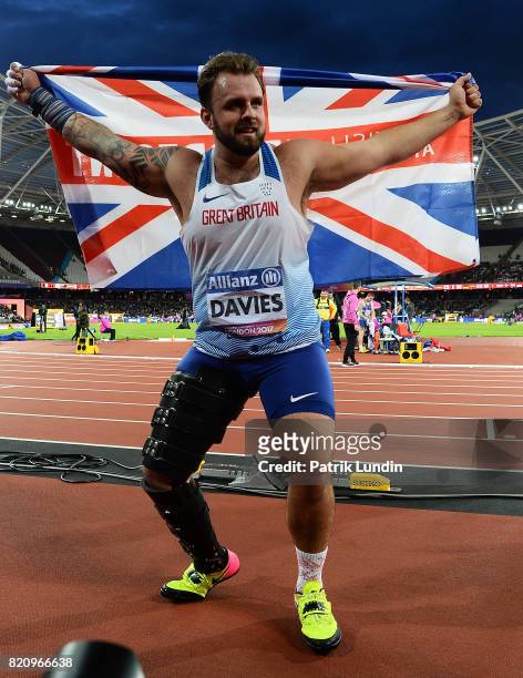 Aled Davies of Great Britain celebrates winning gold in the final of the mens shot put F42 on day nine of the IPC World ParaAthletics Championships...