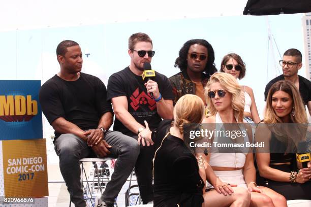 Actors David Ramsey, Stephen Amell Katie Cassidy, Emily Bett Rickards, Echo Kellum, Juliana Harkavy, Willa Holland and Rick Gonzalez on the #IMDboat...