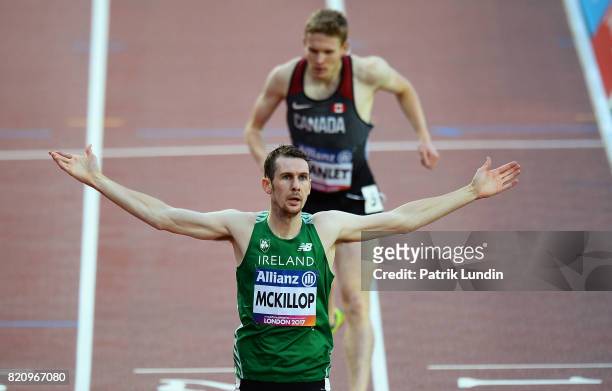Michael McKillop of Ireland celebrates winning gold in the final of the mens 1500m T37 on day nine of the IPC World ParaAthletics Championships 2017...