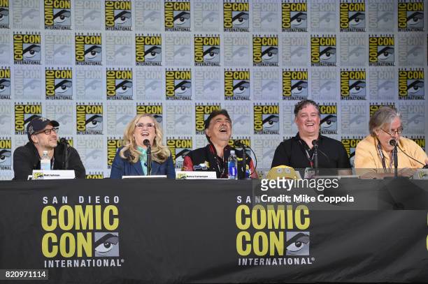 Writer Matt Selman, actors Nancy Cartwright and Joe Mantegna, producer Al Jean and writer/producer Matt Groening attend "The Simpsons" panel during...