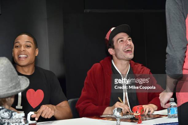 Actors Ray Fisher and Ezra Miller during the "Justice League" autograph signing at Comic-Con International 2017 at San Diego Convention Center on...