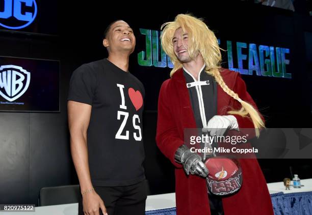 Actors Ray Fisher and Ezra Miller during the "Justice League" autograph signing at Comic-Con International 2017 at San Diego Convention Center on...