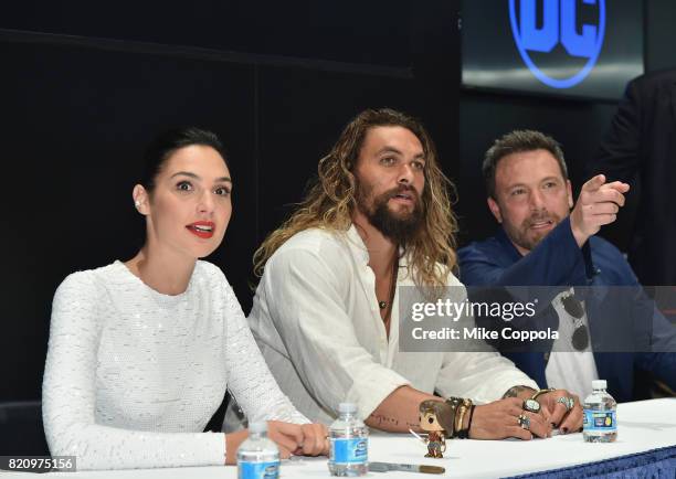 Actors Gal Gadot, Jason Momoa and Ben Affleck during the "Justice League" autograph signing at Comic-Con International 2017 at San Diego Convention...