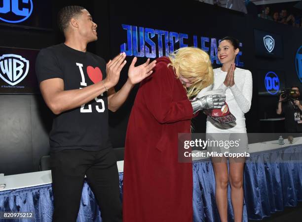 Actors Ray Fisher, Ezra Miller and Gal Gadot during the "Justice League" autograph signing at Comic-Con International 2017 at San Diego Convention...