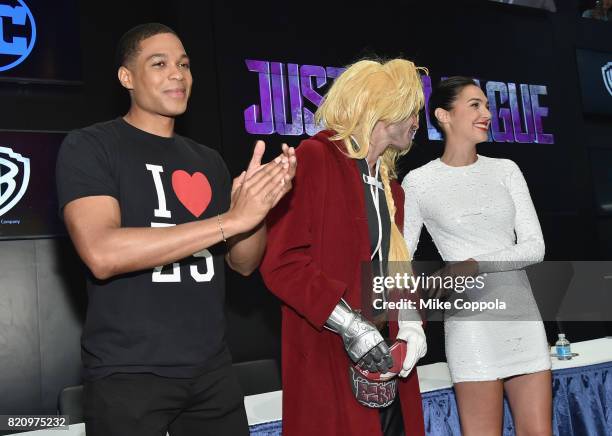 Actors Ray Fisher, Ezra Miller and Gal Gadot during the "Justice League" autograph signing at Comic-Con International 2017 at San Diego Convention...