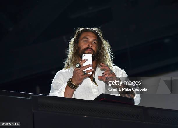 Actor Jason Momoa during the "Justice League" autograph signing at Comic-Con International 2017 at San Diego Convention Center on July 22, 2017 in...