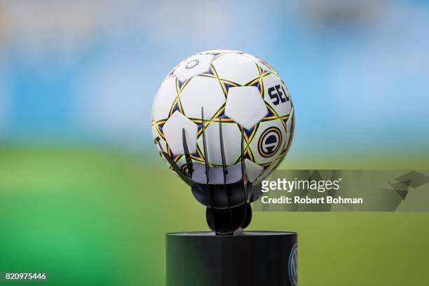 The match ball ahead of the Allsvenskan match between Malmo FF and Jonkopings Sodra IF at Swedbank Stadion on July 22, 2017 in Malmo, Sweden.