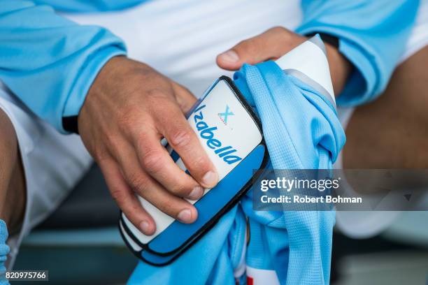 Markus Rosenberg of Malmo FF holds his knee protection in his hands ahead of the Allsvenskan match between Malmo FF and Jonkopings Sodra IF at...