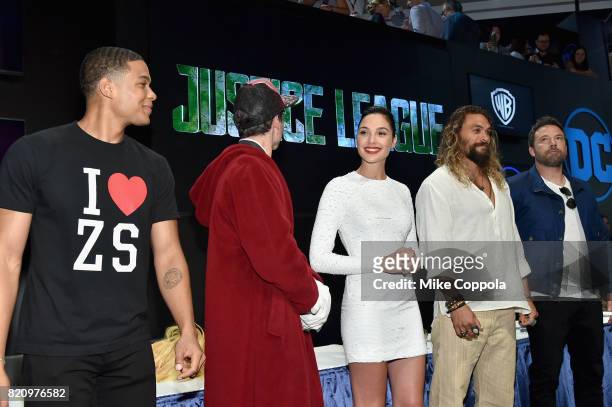 Actors Ray Fisher, Ezra Miller, Gal Gadot, Jason Momoa, and Ben Affleck during the "Justice League" autograph signing at Comic-Con International 2017...
