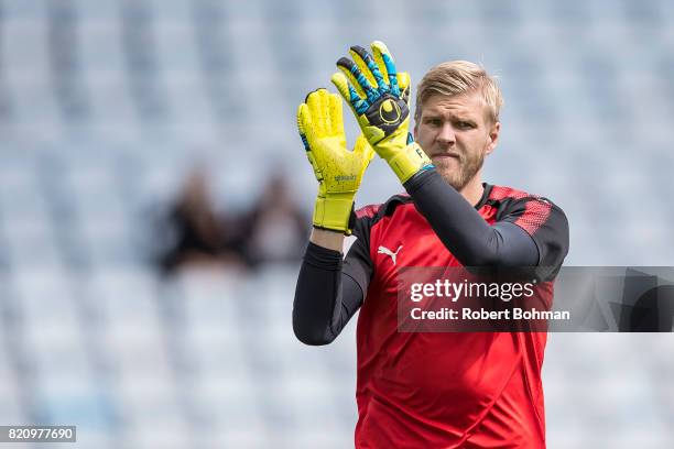 Fredrik Andersson goalkeeper ahead of the Allsvenskan match between Malmo FF and Jonkopings Sodra IF at Swedbank Stadion on July 22, 2017 in Malmo,...