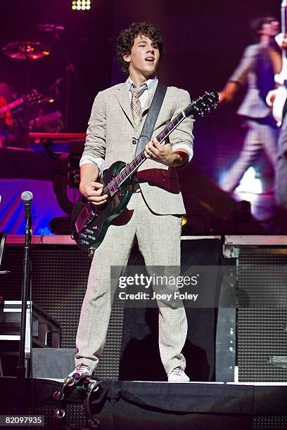 Nick Jonas of the Jonas Brothers performs live in concert at the Riverbend Music Center on July 28, 2008 in Cincinnati, Ohio.