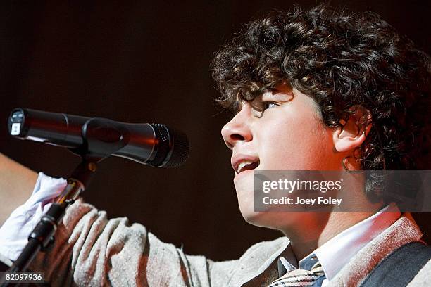 Nick Jonas of the Jonas Brothers performs live in concert at the Riverbend Music Center on July 28, 2008 in Cincinnati, Ohio.