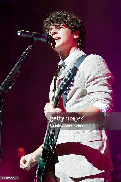 Nick Jonas of the Jonas Brothers performs live in concert at the Riverbend Music Center on July 28, 2008 in Cincinnati, Ohio.