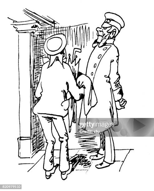 life of an author: man asking policeman for help - police officer talking to person cartoon stock illustrations
