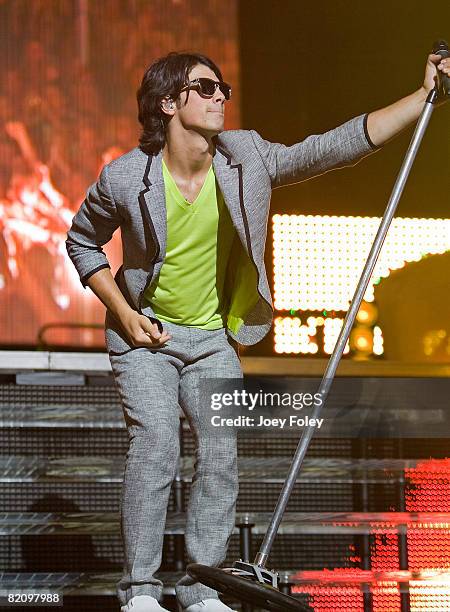 Joe Jonas of the Jonas Brothers performs live in concert at the Riverbend Music Center on July 28, 2008 in Cincinnati,Ohio.