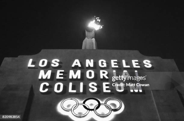 The Los Angeles Memorial Coliseum flame is seen during day 1 of FYF Fest 2017 on July 21, 2017 at Exposition Park in Los Angeles, California.